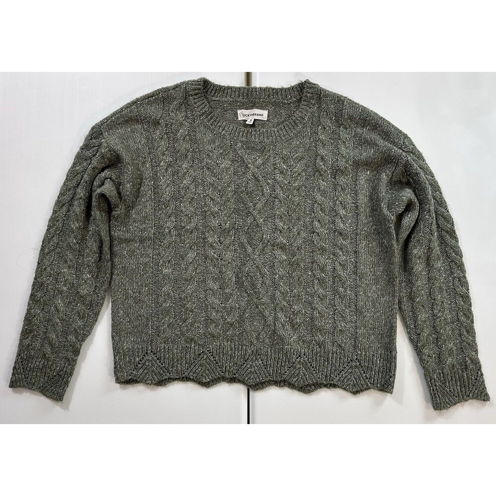 Lucky Brand Cable Knit Sweater Womens Medium Olive Green Scalloped Hem Cozy